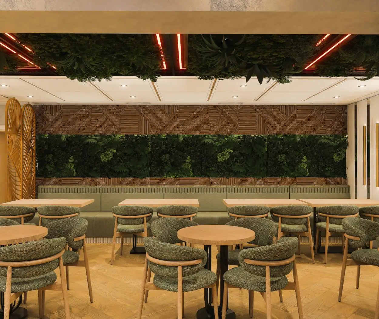 Ambiance chaleureuse du bar Turna, lumières tamisées et décor végétal