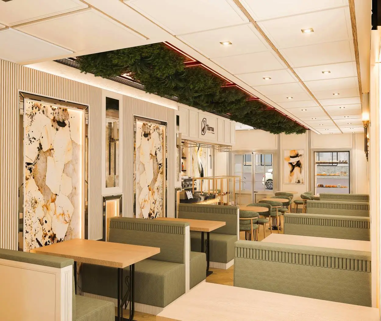Intérieur chaleureux du bar Turna, lumières dorées et plantes vertes